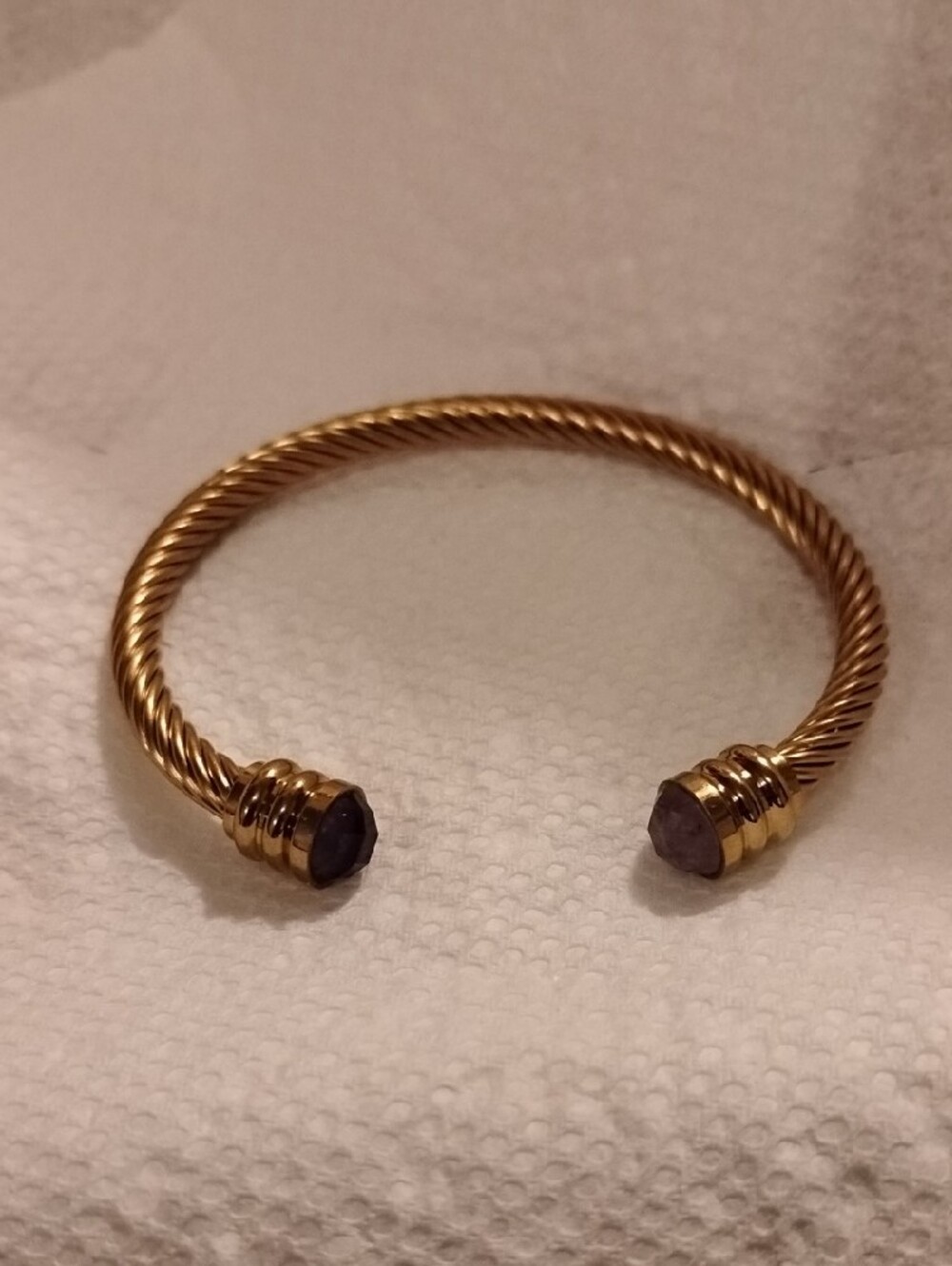 Gold-Tone Twisted Cable Cuff Bracelet with Dark Purple and Light Purple End Caps